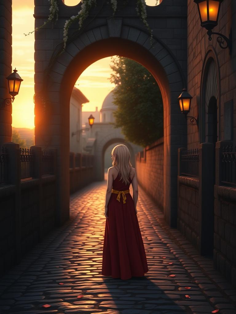 A lone woman from Fairy Tail stands at the end of a winding, cobblestone path, facing away, in a quiet alleyway at sunset. The path, lined with old stone fences and lanterns, leads the viewer's eye to her. She's framed by a old, stone archway with vines and delicate flowers wrapped around it, which marks the end of the path. Soft, warm light surrounds her, shining through the archway and casting a gentle glow down the path. She wears a long, red dress with a golden belt. A few delicate petals fall around her, caught in the fading light. The path and fences guide the viewer's eye to her, while the archway's edges are slightly blurred, keeping the focus on the woman. The warm light shines on her, making her look peaceful and introspective, lost in thought as she gazes down the path.