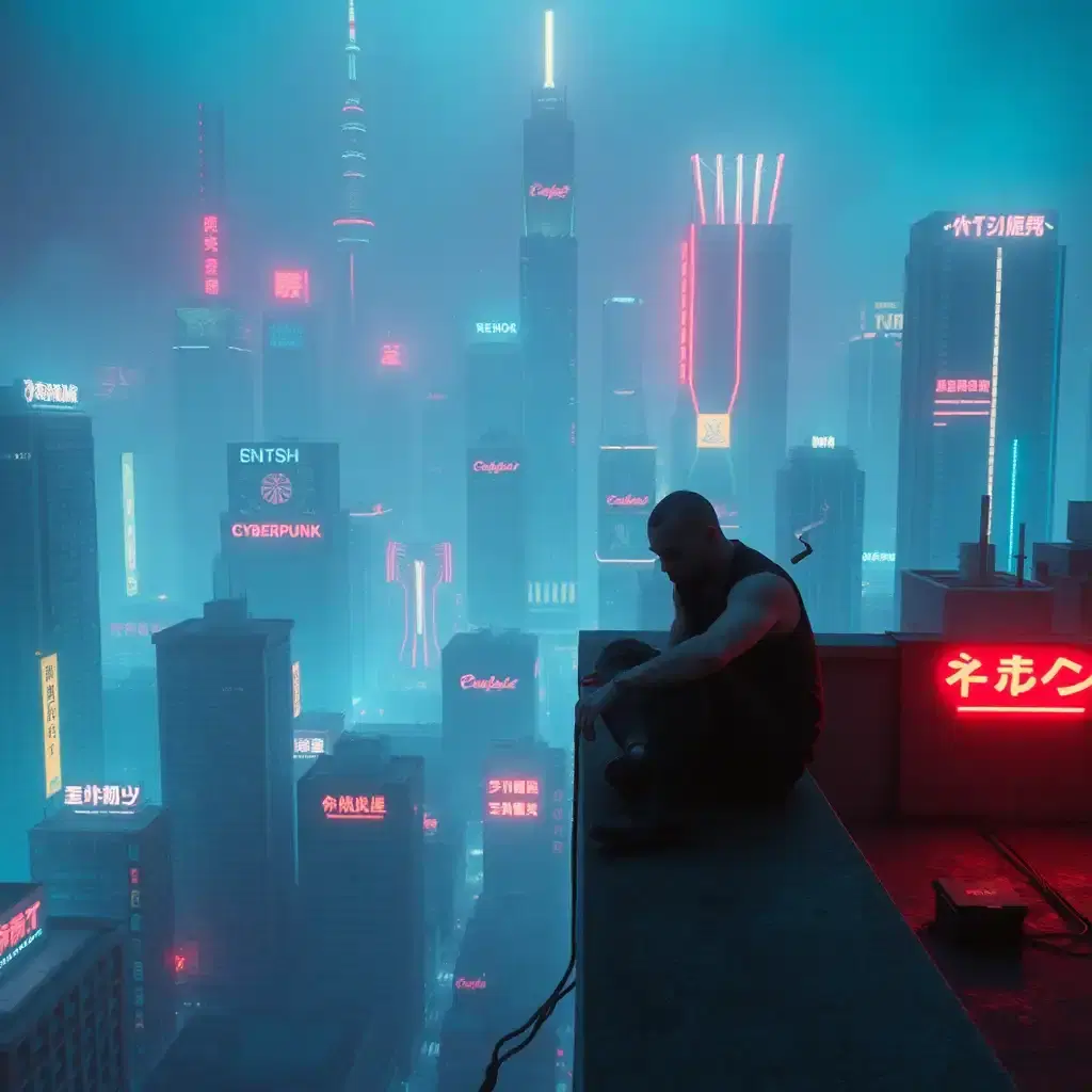 a cyberpunk city, a bleak, sad man sitting on the edge of a rooftop with a smoldering cigarette in a sea of even more neon.