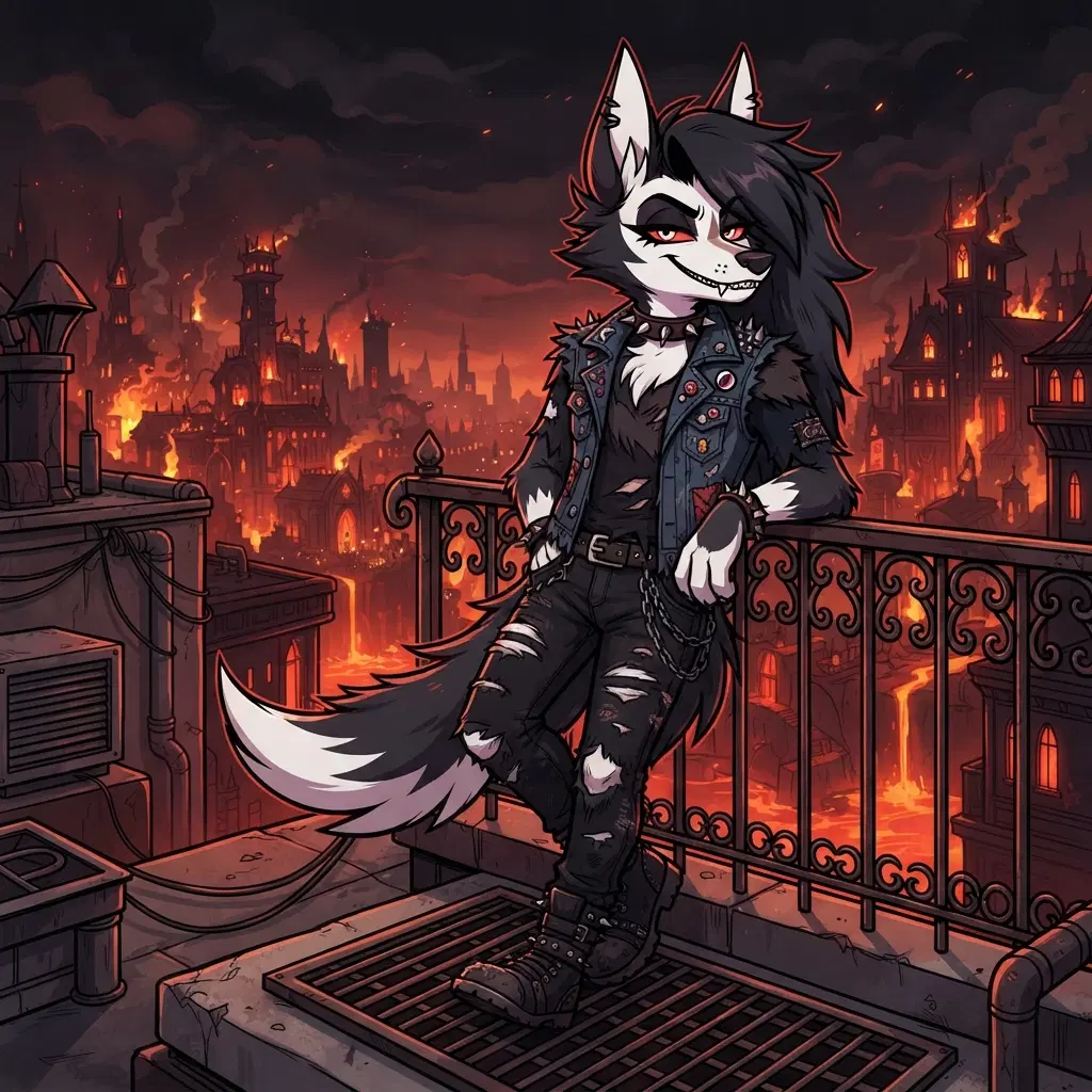 cartoon hellhound character, shaggy dark fur with white markings, big pointed ears, red eyes, spiked collar, torn jacket and jeans, leaning on a rooftop railing above a glowing red city, thick bold line art, flat cel shading, 2D western cartoon style, full body