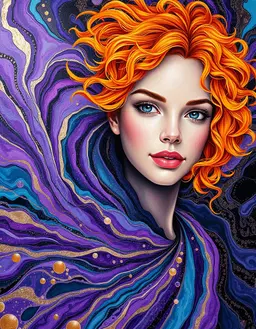 young realistic woman, bright orange‑yellow curls, luminous complexion, center, fluid acrylic pour style with cosmic deep purples, metallics, black, teals, whites, deep blue, pinks, golds, cream, swirling organic patterns, cellular structures, iridescent silk gown unfurling, shimmering threads, fairy dust, dreamlike layered textures.