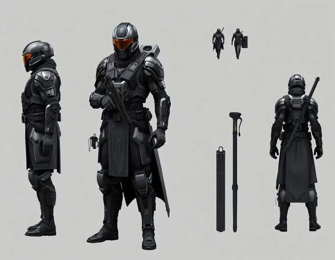 Futuristic sci-fi soldier with full armor. Photo realistic style. Model sheet with front, back and side view of the model. Fantasy sci-fi ninja