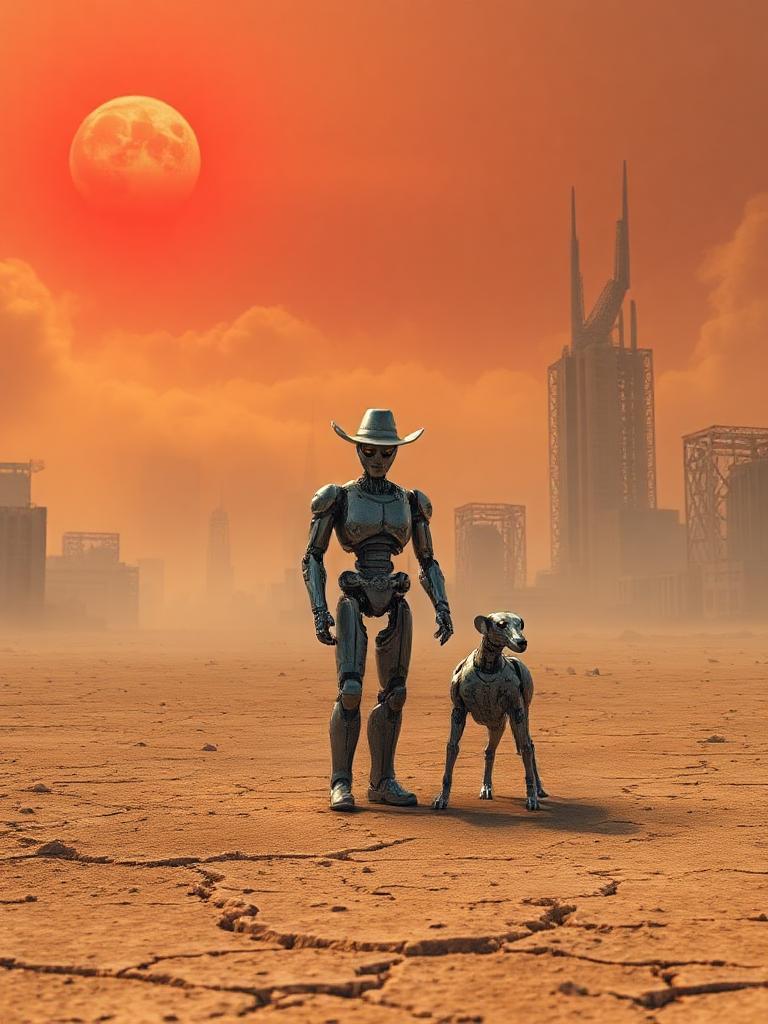 A robotic cowboy stands alone on a desolate, cracked earth, his metal body covered in a fine layer of dust. Beside him is his trusty robotic dog, its eyes glowing softly in the eerie silence. Behind them, the skeletal remains of buildings loom, remnants of a city long abandoned. In the sky, a red, dust-choked sun barely illuminates the thick clouds of ash that cover the heavens. The air is dry, carrying the faint scent of rust and old fires. In the distance, the skeletal frames of fallen skyscrapers smolder gently. The cowboy and his dog are symbols of resilience in a world marked by loneliness and the faint hope of new beginnings.