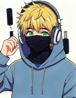 VTuber character portrait of male, a cosy gamer in an oversized hoodie with big headphones, fully clothed, golden blonde hair, messy, shaggy laye hair like a wolf cut, vivid green eyes, a fair complexion, mysterious and shadowed, clean anime VTuber model art, cel-shaded 2D illustration, crisp lineart, vivid colours, soft rim lighting, head and shoulders, facing forward, plain flat white background