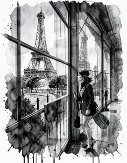 paris leaning against a glass pane on a glass building facade, gazing out, eye‑level close‑up, black‑white palette, black‑white palette, watercolor style with dynamic, chaotic brushwork, abstract expressionist texture, wet‑watercolor and alcohol ink layers, subtle coffee‑art texture, smudges and dripping, intense atmosphere, high‑contrast monochrome.