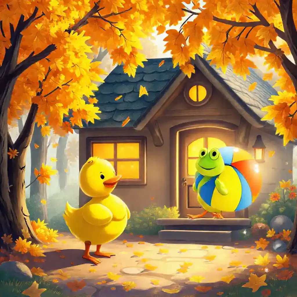 A magical autumn day filled with sunshine and falling leaves. Ducky, a cheerful yellow duck, is at home when his friend Froggy, a green frog, knocks on the door with a vibrant beach ball. Surrounded by trees with shiny orange and yellow leaves, Ducky's cozy house emits a welcoming and enchanted glow.