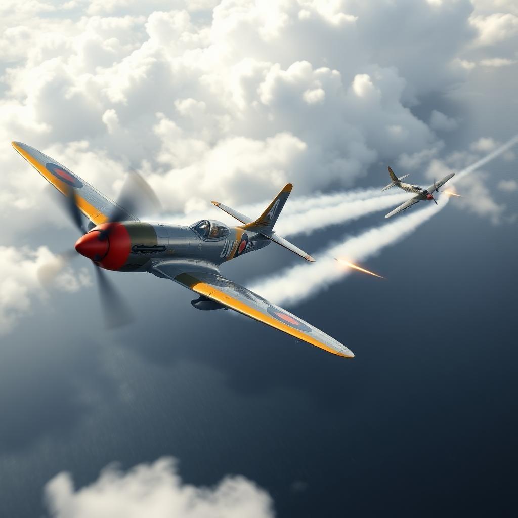 A high-speed dogfight between two vintage fighter jets over an ocean. One plane performs a tight barrel roll while the other fires tracer rounds. The scene is full of motion, with vapor trails streaking behind the jets and dramatic clouds in the background.