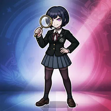 original Danganronpa style anime student, the Ultimate Detective, girl with dark bob and school blazer, bold flat colors, digital illustration