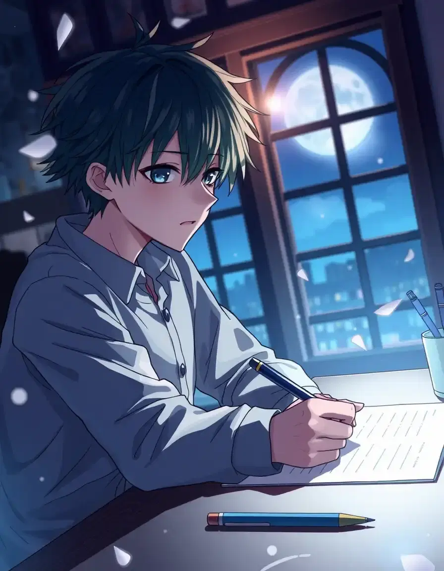 anime adult boy study in table dark pfp pen
