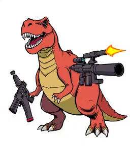 character full drawing of A dinosaur that is made of firing guns, bold 2D anime creature art, clean confident black outlines of heavy weight, simple interior lines, flat base colours with one hard-edged shadow shape and a single small highlight, bold saturated colours in clearly separated blocks: one dominant body colour, a paler secondary colour and one bright accent colour, full body from head to feet, standing, facing forward, plain flat white background