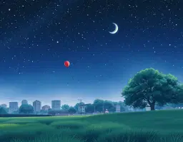 Rendered in the style of hand-painted anime/manga key visual art, blending traditional watercolor and ink wash techniques with soft cel-shaded gradients — reminiscent of Makoto Shinkai-inspired night skies and Studio Ghibli atmospheric linework. A vast, dreamy night sky stretches over a grassy urban community park, awash with countless stars rendered in soft watercolor speckle and fine white ink dots, deepening from indigo near the horizon to rich deep violet-black overhead. A faint wash of the Milky Way drifts across the sky in soft painterly texture. A single red balloon on a black string floats slowly into the distance, small and glowing warmly against the cool starlit expanse. The park below is open and gently rolling, grass rendered in loose, textured brushstrokes touched with soft silver-blue moonlight. Large trees are scattered across the landscape, their branches drawn in fine sumi-e-style ink linework, silhouetted against the glowing sky. A soft paper-grain texture runs throughout, as if painted on textured watercolor paper, with gentle starlight bloom and a crescent moon casting cool light across the scene. The mood is quiet, wistful, and tender — a fleeting, cinematic anime moment of stillness and gentle wonder.