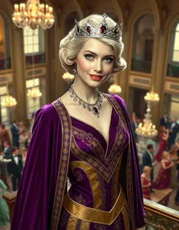 Princess Roxalann Trehanac, extremely tall and slender, blonde short 1930s style hairdo, green eyes, high cheekbones, smiling, porcelain skin, wearing royal robes of purple and gold, wearing a coronet of silver set with rubies, standing on a balcony overlooking a busy ballroom, large bust, looking directly at the viewer