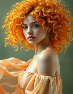 young realistic woman, vibrant cosmic aura, bright orange‑yellow curls, luminous complexion, rich layered textures, dreamlike dance, shimmering threads with fairy dust, iridescent silk gown, fluid silhouette, recolored in soft peach, warm apricot, muted sage green, gently desaturated, fresh calming palette