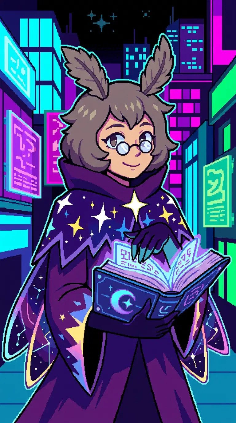 Original character in the Deltarune art style: a Dark World mage, a moth girl with a star cloak, round glasses and a glowing spellbook, bold flat colours, chunky pixel-art-inspired shading, neon cyber city background. Portrait framing from the waist up, face in the upper third of the frame, one character only. No text, no logo, no watermark.