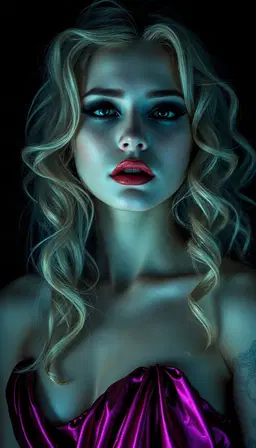 female gothic portrait with pale skin, curly flowing hair, matte lipstick, dark eyeliner, subtle skin cracks, solid black background etched with lines, atmospheric fog, high‑contrast cinematic lighting, luminous glow, modern art twist, rendered in a saturated sapphire blue, emerald green, ruby red, and amethyst purple palette, rich luxe under metallic undertones, sapphire‑emerald‑ruby‑amethyst palette, standing in a formal gown in pink and gold chrome.