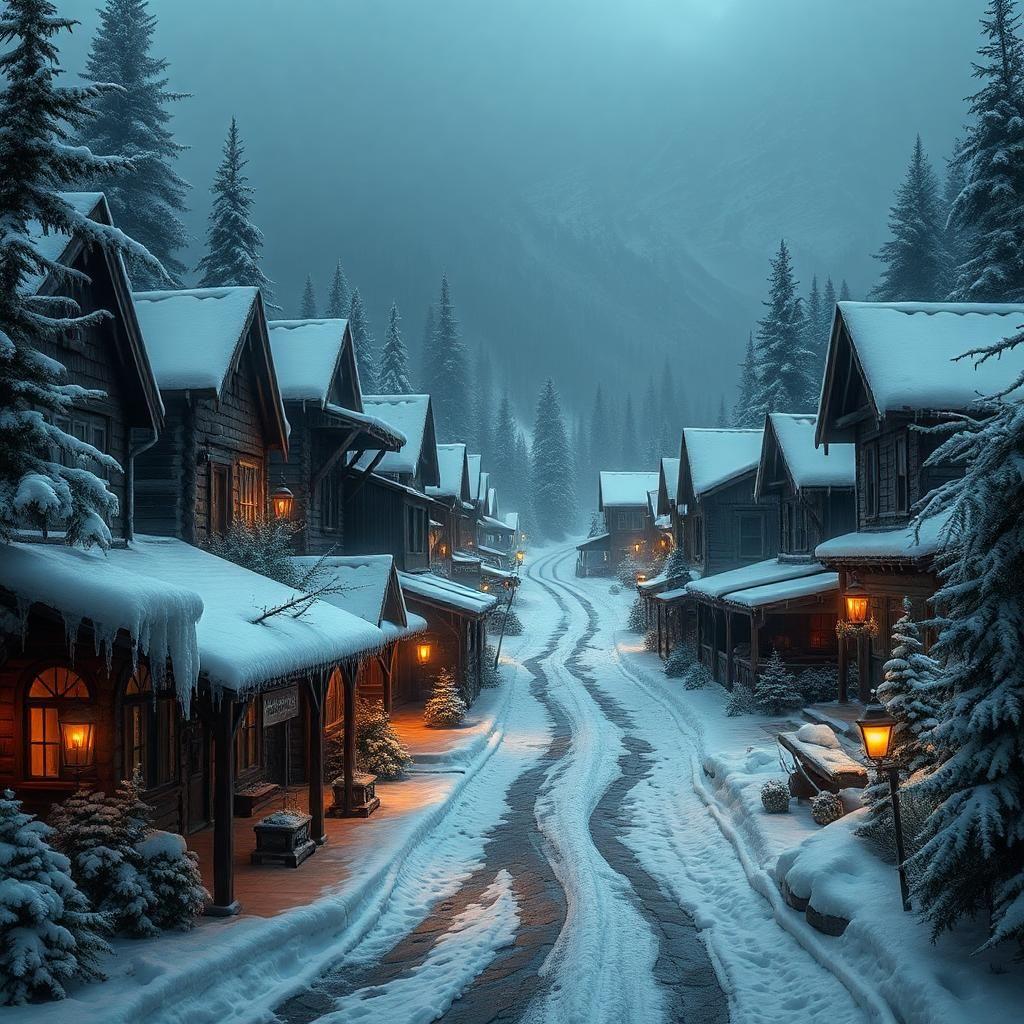 imagine an ancient, snow-encrusted mining town from the 1880s, blanketed in an eerie silence. icy tendrils of greenery – frosted ferns, stalwart spruces, and huddled hawthorns – wrap around weathered mines, cabins, and streets, as if nature is reclaiming its frozen hold.

flickering candlelit lanterns from below cast ghostly shadows, making the once-thriving town seem abandoned, its wooden facades now spectral silhouettes. the main street, snowcrest avenue, is shrouded in a fine, cobweb-like frosting of snow, with only the occasional, flickering flame to pierce the gloom.

whispers of the departed souls linger, an otherworldly breeze rustling through the powdered streets, borne on the distant rumble of frozen thunder in the towering mountains, far above the fog-shrouded valley. 

explore this wintry realm, where the darkness gives way to a chilling grin, a mixture of spook and mystery that always ends in a gasp of surprise – and the sound of your own laughter echoing through the quiet streets, the surprise and trepidation momentarily silencing, as you step into the shadow's icy grip, your heart slowed, the chill becoming almost comfortable.
