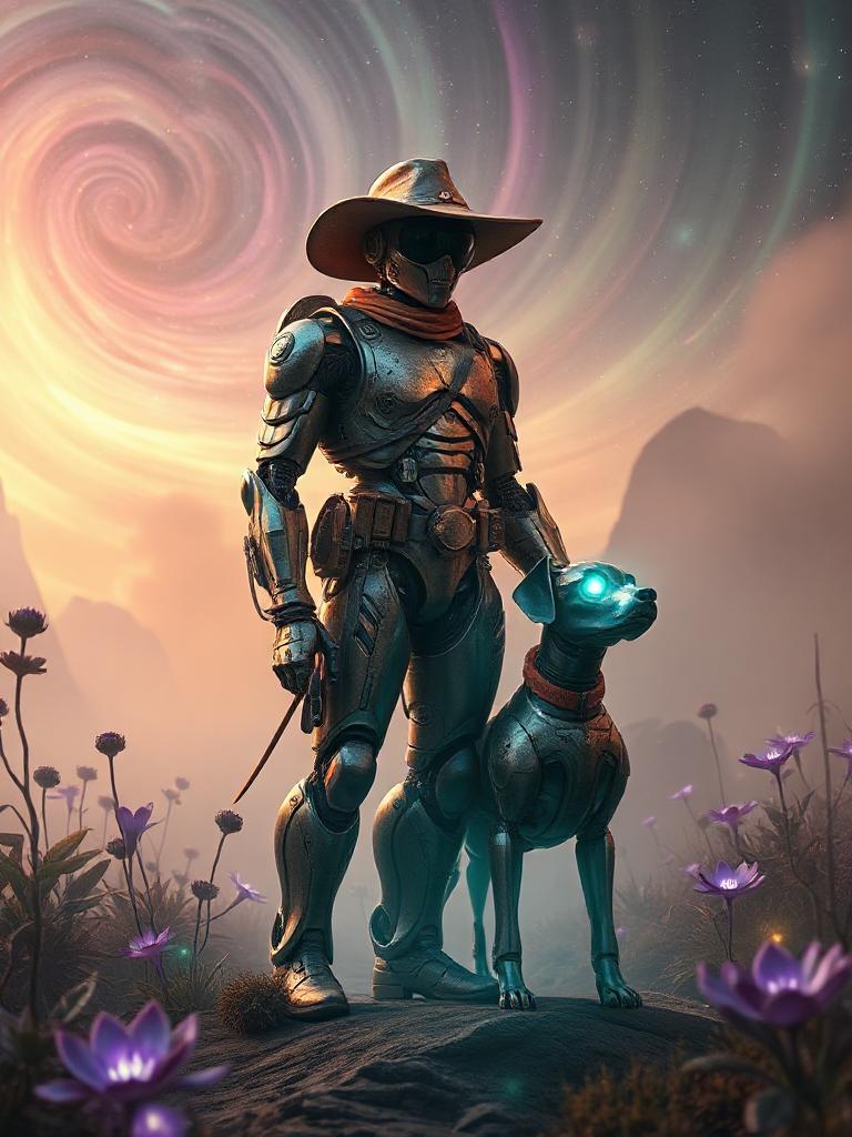 A mystical and enchanted atmosphere lingers as a dusty robotic asteroid cowboy stands tall with his loyal robotic dog by his side. The very air hums with untold secrets, while an ethereal fog swirls around them, casting a magical glow. The cowboy's metallic skin shines softly under the alien sky, filled with swirling auroras and unfamiliar constellations. His dog, with glowing eyes, flickers like tiny embers of forgotten spells. Strange plants pulse gently in shades of violet and emerald around them, their petals releasing glowing spores into the cosmic air. The soft whispers of distant chimes and the rustling of unseen creatures add to the curiosity of this otherworldly realm, as though the world itself is alive and full of mysteries waiting to be uncovered.