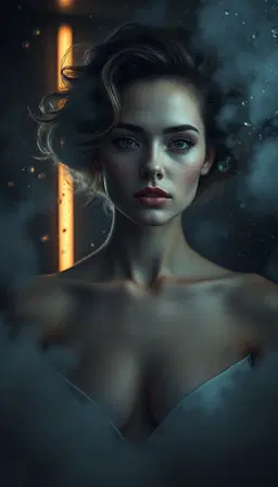 female model with voluminous cloud‑like hair and pale skin, stoic frontal pose, centered in a dim steam‑room where condensation‑covered glass creates droplets, wet streaks and misty patches; deep navy shadows behind the glass and a narrow warm light bloom along one edge give a luxurious cinematic spa texture. rendered as a digital composite with layered transparency, ghosting and chromatic aberration, desaturated cool‑grey tones and muted contrast evoke contemporary surrealist high‑fashion editorial. soft ambient front lighting and subtle backlight illuminate the mist, while shallow depth of field and smooth matte fabric maintain a surreal, melancholic atmosphere.