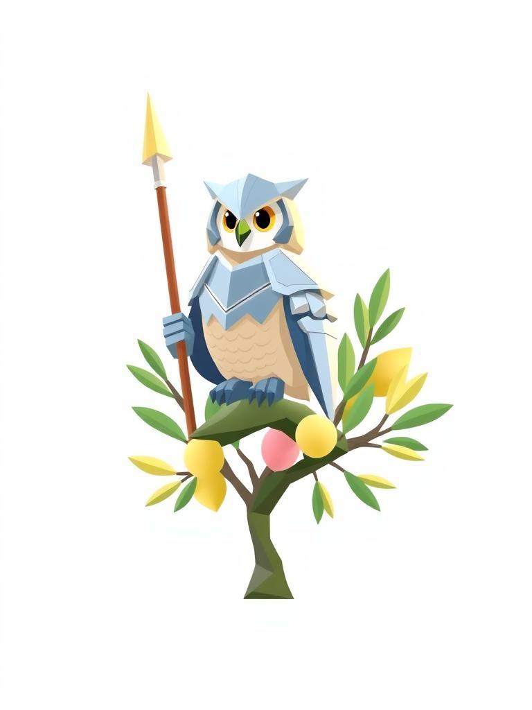 Create a low-poly image of Athena's owl. The owl has simple, shiny armor and a big, blocky helmet. It holds a strong, straight spear. The owl sits on a big, green olive tree with soft, pastel leaves that go up high. Use basic shapes and bright colors like light blue, pink, and yellow. The background is plain and white. The owl and tree are the main focus. Make the image fun, modern, and easy to look at. Think simple and clean lines, and bold colors.