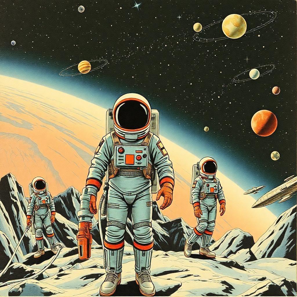 Craft a retro-futuristic collage where the vintage aesthetic meets the limitless cosmos. Picture human figures drawn in pop art style, clad in retro space suits, their actions frozen like pages in a comic book coming to life, evoking a sense of nostalgia for a future that might have been.