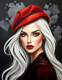 high glamour fashion illustration of a woman with long flowing white hair, vibrant red beret, bold red lips and soft green eyes, rendered in luxurious acrylic with metallic gold leaf accents, champagne‑toned palette and subtle glitter, set against a matte black backdrop featuring abstract geometric dark gradients, 3‑d papercut shapes, chalkboard‑like texture and carbon‑fibre patterns, smoky fog swirling softly, cinematic lighting and high‑contrast monochrome shading, elegant designer motifs and chic editorial aesthetic.