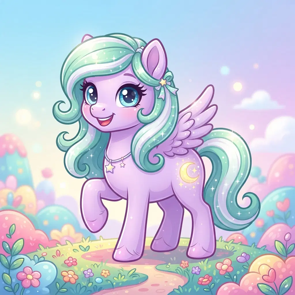 cute pastel cartoon pony with big sparkly eyes, lavender coat, two-tone mint and white mane and tail, small feathered wings, a crescent moon and star mark on her flank, glossy vector cartoon style, candy-colored meadow