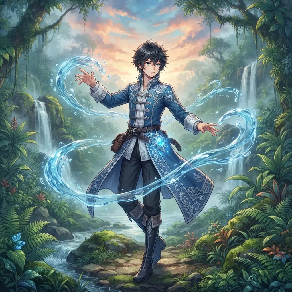 fantasy anime boy in a blue and white scholar coat with silver trim, water ribbons swirling around him, a small glowing blue gem on his belt, misty rainforest with waterfalls, painterly sky, full body