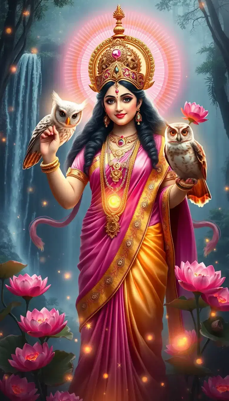 "Fantasy-style digital art of Goddess Lakshmi glowing with divine light, surrounded by magical lotuses and sparkles, wearing a radiant pink and gold saree, owl glowing with mystic aura, background of enchanted waterfall and mystical forest — cinematic lighting, fantasy tones."

