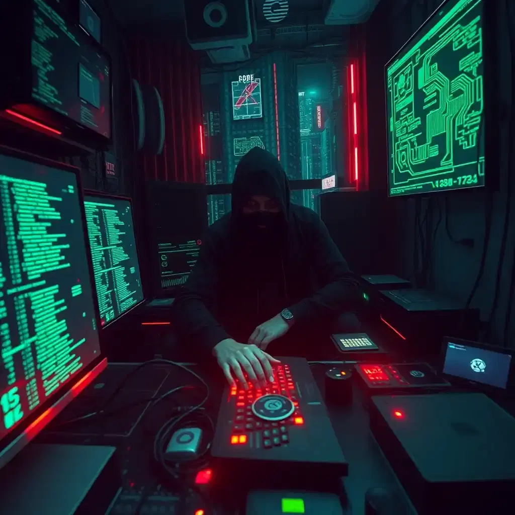 A cyberpunk hacker’s lair deep within the neon jungle of a futuristic city. The room is dimly lit by glowing monitors filled with lines of green code and schematics of corporate security networks. A masked figure sits hunched over a mechanical keyboard, fingers dancing across the keys as they breach a high-security firewall. Wires snake across the cluttered workspace, connecting to advanced decryption modules and stolen AI cores. The only sound is the quiet hum of cooling fans and the occasional burst of static from a nearby police scanner. Outside, the city pulses with life—neon lights flickering in the rain, shadowy figures exchanging illicit data on the streets below, and corporate enforcers searching for the faceless hacker responsible for the latest breach.