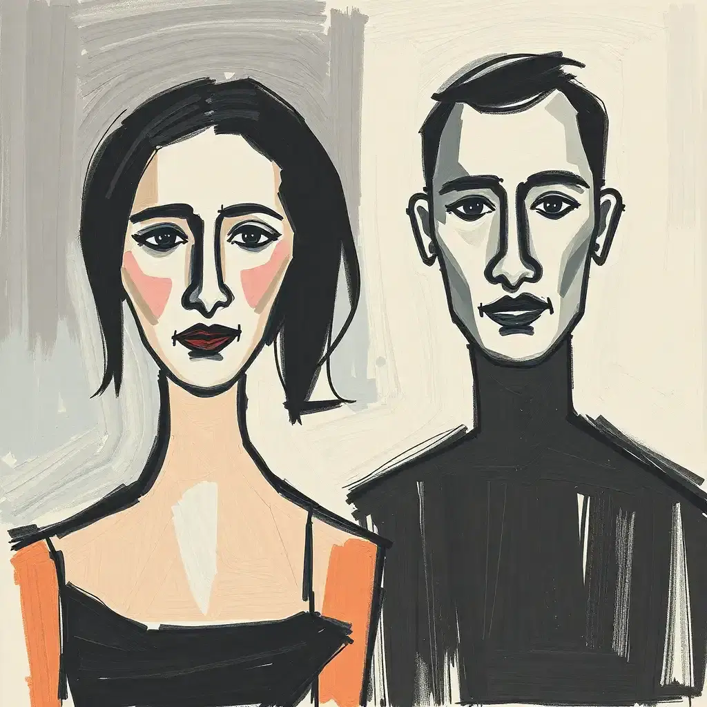 Two people, their faces and bodies formed of loose brush strokes in a cubist style, facing the camera.