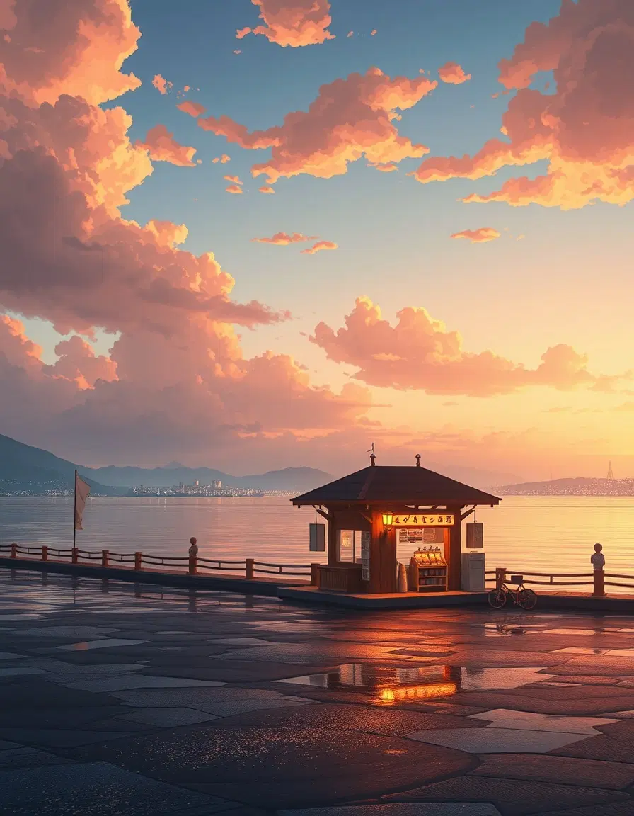 Beautiful anime style establishing shot of a small Japanese coastal town or village at sunset. The foreground features a brightly lit small wooden cafe/shop on a stone pier right next to the water, with warm, glowing lamps and store signs reflecting on the wet ground. The background features a long, curving coastline with a scattering of city lights stretching into the distance. The sky is filled with soft, fluffy, orange, pink, and peach-colored sunset clouds. Reflective water surface, volumetric light and shadows, cinematic angle, 16k resolution, Studio Ghibli meets Makoto Shinkai aesthetic, nostalgic mood.