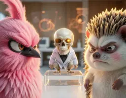CLOSE-UP VIEW: A tightly framed, intimate composition that isolates two separate details of the subjects in the same frame. On the left, Grumpy Pink Bird-fa’s feathered cheek and beak are captured in extreme close‑up, the vivid pink plumage illuminated by a soft side light that accentuates every texture and the bird’s perpetually sour expression. On the right, Grumpy Hedgehog’s spiky back and a grumpy eye are shown in a matching macro shot, backlit by a warm amber glow that reveals the delicate sheen of each quill while the hedgehog’s brow is furrowed in irritation. Slightly above and between them, Skully is crouching on a transparent lab slab, its skeletal skull tilted toward the camera, a faint glow emanating from its eye sockets and a tiny lab coat draped over its shoulders, catching both the side light on the bird and the backlight on the hedgehog. The background is a seamless, dreamy bokeh of an Elegant Laboratory: blurred white workstations, faint amber holographic projections, and gentle warm wood tones reduced to color washes that do not compete with the subjects. Shallow depth of field keeps only the highlighted fragments in razor‑sharp focus, with creamy blur beyond. Expressive lighting sculpts each creature’s texture—side lighting for the bird’s feathers, backlighting for the hedgehog’s spines, and a soft rim light outlining Skully’s bone structure—creating a contemplative, intense atmosphere. Rendered photorealistically with cinematic detail, the image feels like a macro portrait combined with futuristic lab aesthetics, preserving each character’s likeness and grumpy demeanor.