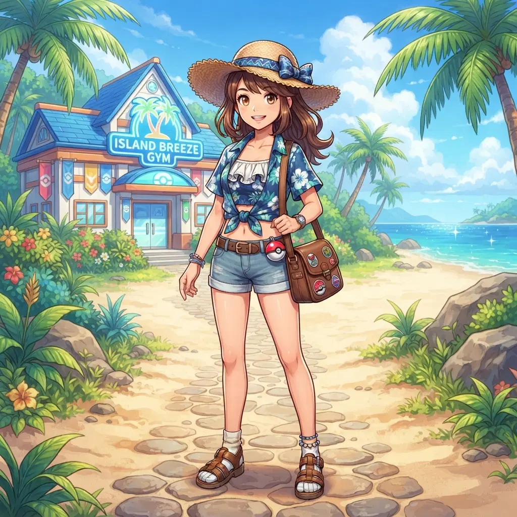 anime girl trainer with a wide sun hat, tropical island outfit with shorts and sandals, satchel bag, a small round ball on her belt, standing alone at a beach path with a bright gym building behind her, no creatures, full body