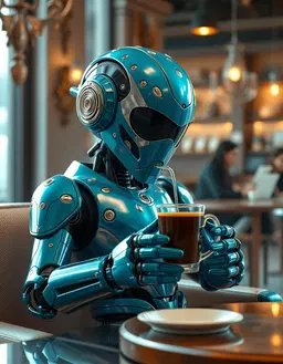 a stylish humanoid robot with a spriggan‑inspired mechanical design, glossy blue candy‑finished armor, and elegant refined features lounges in a quiet coffee shop, body language loose and unbothered, adopting a relaxed “eh, whatever” attitude while sipping a tiny espresso cup filled with motor oil. the scene is rendered in magical hyper‑realism as a 3d digital art composition using physically‑based rendering, ray‑traced global illumination, subsurface scattering, caustic effects, volumetric lighting, and depth‑of‑field simulation. hyper‑detailed textures and micro‑detailing give photogrammetry‑style surface accuracy, with specular reflection mapping and realistic refraction on the oil surface. the color treatment features a pastel palette dominated by cool‑toned cyan and teal accents, gold foil highlights, iridescent gradients, and soft chromatic aberration, set against muted background tones with luminous foreground highlights and complementary warm‑cool contrast. high‑key lighting with soft chiaroscuro creates bright specular highlights, deep but subtle shadows, luminous bokeh, and atmospheric haze, delivering subtle tonal gradations and dynamic range compression for commercial appeal. the aesthetic blends contemporary digital surrealism, neo‑art nouveau, retro‑futurist product style, vaporwave‑inspired grading, fantasy realism, and digital baroque ornamentation, resulting in an ethereal, luxurious, enchanted product display that feels like a dreamlike commercial fantasy with crystalline elegance and whimsical sophistication. the cinematic cafe setting includes ornate minimalistic decor, subtle crystalline details, and a softly blurred background that frames the robot central figure in a drawn‑look, chibi‑mature anime illustration style with detailed 2d linework and soft cel shading.