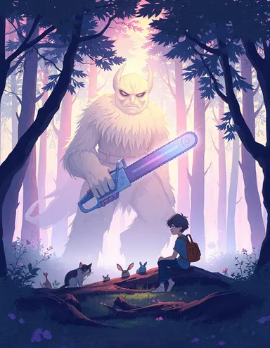 incorporating a ghibli-inspired aesthetic with a chainsaw man twist, the scene is set within a serene forest where denji's chainsaw dream demon, pochita, has transformed into a majestic, gentle giant that protects and nurtures the surrounding wildlife. the soft, pastel colors of the forest are infused with a subtle, ethereal glow emanating from pochita's chainsaw, creating an enchanting atmosphere of wonder and protection. denji himself is depicted in a more tranquil state, surrounded by the creatures of the forest, his chainsaw resting peacefully at his side, as he learns to harness his power to maintain harmony with nature.