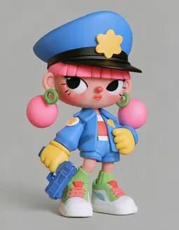 A chibi-style humanoid figure with an oversized head and small torso, featuring large almond-shaped eyes, heavy black lashes, a small upturned nose, and pouty lips. She wears a blue police-style peaked cap with a yellow star badge, a blue jacket with yellow star patches, blue shorts, a white t-shirt with orange and red horizontal stripes, yellow gloves, green ribbed socks, and white sneakers with green and pink accents. Her pink bob haircut includes straight bangs and large spherical pink pigtails, and she carries a blue toy pistol in her right hand, complemented by thick green hoop earrings.