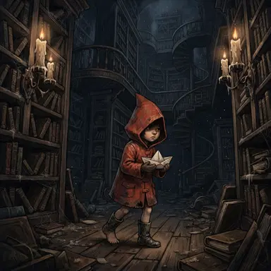 original little nightmares style oc, child in red raincoat with paper boat, eerie oversized library, creepy-cute moody lighting