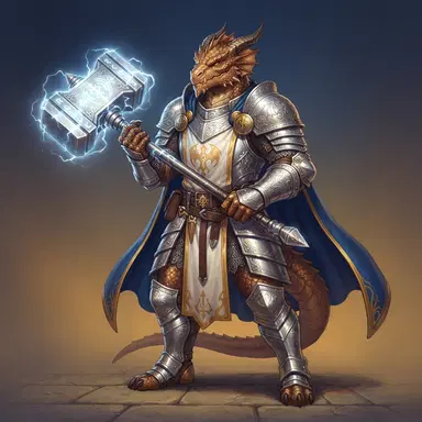original dnd dragonborn paladin oc, bronze scales, silver plate armor, glowing warhammer, painterly fantasy art
