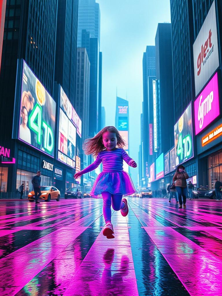A little girl in a futuristic city runs across a rainy street, surrounded by giant holographic ads and neon lights. Her image is distorted with digital glitches and pixelation, like a broken TV screen. The city behind her is dark and gritty, with tall buildings and streets filled with technology. The colors are bright and bold, with lots of pink, blue, and purple. The overall feel is chaotic and futuristic.