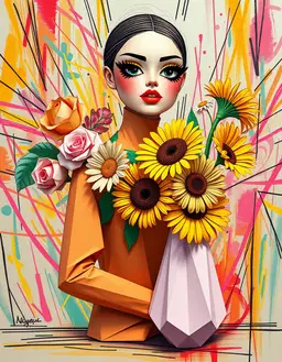 a fashion model of origami‑paper body with crisp folded planes and geometric creases, posed beside a delicately folded paper vase holding a pastel bouquet of roses, sunflowers and daisies, rendered in vivid fauvist color and forms: bold, saturated hues, wild brushstrokes, and simplified shapes dominate the scene. her cartoonish almond‑shaped eyes feature ultra‑long black winged eyeliner, bright yellow eyeshadow, and vivid red‑orange lips, outlined in thick black lines reminiscent of classic animation, while the surrounding background glows with chaotic, colorful lines and volumetric light, all unified by the expressive, high‑contrast fauvist palette.
