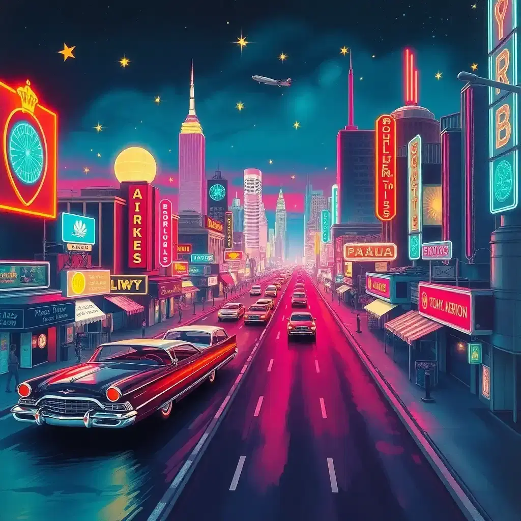 Imagine a bustling retro-futuristic cityscape, where neon lights mimic stars and retro automobiles hover gracefully above paved roads. The scene pulsates with energy, painted in vibrant hues that blend pop art and futurism, inviting one to explore a world where history and future intertwine.