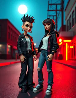 biker girl in a black leather jacket, dark baggy denim jeans, short dark fohawk, double‑00 gauge earrings, white tee, with a second female wearing short brown hair, denim jeans, plaid shirt under a black hoodie and teenie shoes, standing on a sunlit street under a night‑blue sky, rendered in claymation horror style: stop‑motion clay figures with textured, slightly cracked surfaces, muted rust tones, dark burgundy and black accents, eerie lighting sculpted by opposing red and cyan glows that create surreal gradients, a subtle neon outline framing the scene, all composed with baroque‑excess detail and a horror‑infused atmosphere.