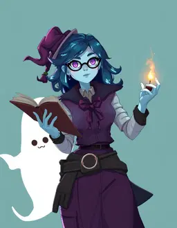 Create Dungeon Crawler Carl character. Ghost whimsical librarian women