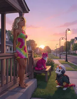 Quiet Suburb at Sunset: quiet suburb, place. Tie Dye Oh My-fa stands on the wooden porch railing, arms relaxed, gazing toward the pink‑orange horizon as the sun dips behind modest houses. Neon Magenta Cat perches on a nearby garden bench, tail curled, eyes fixed on the glowing sky, the warm sunset light casting soft shadows on their figure. Skully crouches on the edge of the sidewalk beside a tidy lawn, head tilted upward, watching the fading light and the flickering lampposts. The street is lined with tidy lawns and lampposts beginning to flicker, while the sky washes the scene in gentle hues of amber and lavender, enveloping all three characters in the tranquil evening atmosphere.