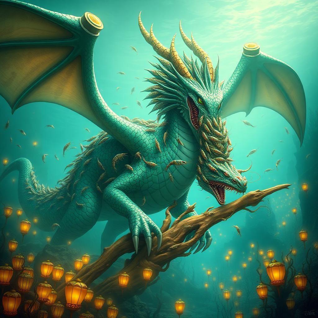 "an enormous ancient dragon with iridescent scales, piercing emerald eyes, and powerful wingspan, standing at the edge of a serene underwater city. the dragon is infested with countless shrimps as they slowly march in unison across its majestic back, some even peeking out of its nostrils and mouth, while its claws grip massive golden driftwood amidst hundreds of water lanterns and underwater seaweed swaying gently in the background."
