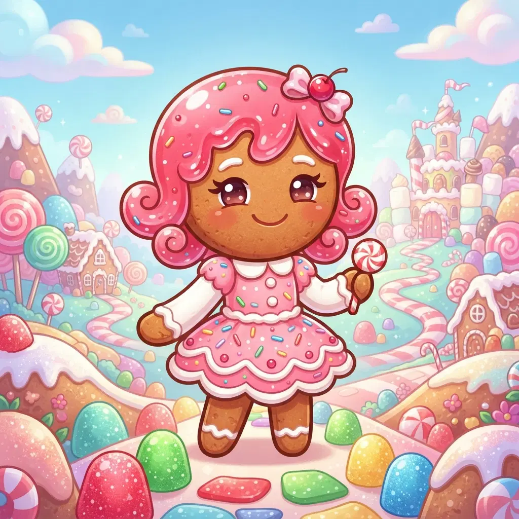 cute chibi gingerbread cookie person character with a rounded biscuit body, pink strawberry jelly hair that looks wobbly and , pink icing dress with sprinkle trim, standing on gumdrop hills in a candy kingdom, bright game art style, full body
