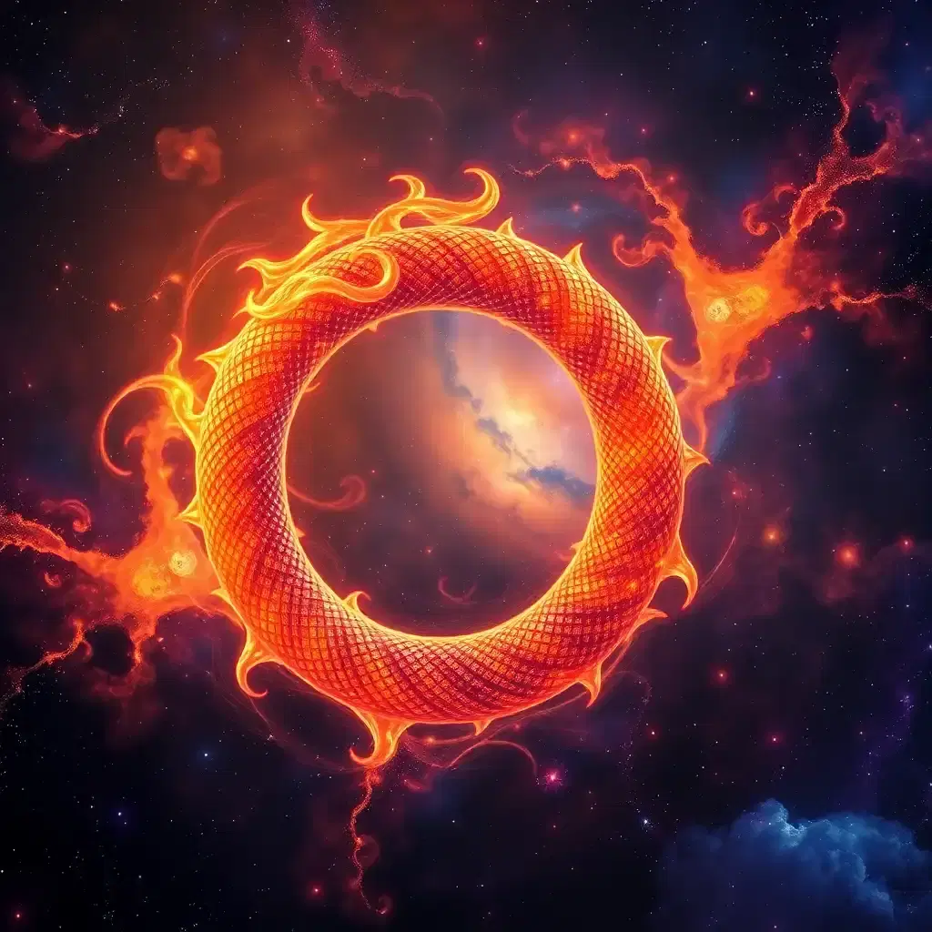 Amidst the kaleidoscopic expanse of a forgotten nebula, a mythical solar serpent coils in on itself in an elaborate dance of fire and elegance. Its scales glimmer with cosmic iridescence, casting kaleidoscope reflections that ripple across the vastness of space. As it spirals through the heavens, it weaves a rich tapestry of conflagrant hues, uniting the sacred warmth of the sun with the ancient mystery of the stars.