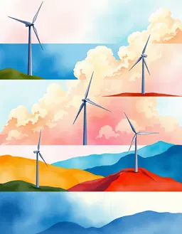 spritesheet of multiple frames arranged in a single cohesive layout, each panel showcasing vibrant color blocking with intricate layered linework in a contemporary editorial illustration style, rendered with dreamy watercolor techniques that use soft washes, granular textures, gentle luminosity, spontaneous brushstrokes and atmospheric nuance, all infused with magic realism elements that blend realistic details and fantastical touches, featuring several elegant wind turbines (eoliennes elegantes) gracefully positioned across the scenes, their sleek blades catching ethereal light and swirling pastel clouds.