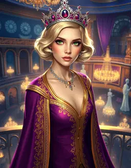 princess roxalann trehanac, an extremely tall slender princess with short 1930s blonde hair, green eyes, high cheekbones, porcelain skin, wearing purple and gold royal robes and a silver coronet set with rubies, stands on a balcony overlooking a bustling ballroom, looking directly at the viewer. rendered in a luminous fantasy art style that glows with ethereal light, soft dreamlike atmosphere, vibrant golden hues against deep blues, intricate delicate textures, smooth flowing lines, gentle shimmering highlights and subtle shadows, inspired by magical realism with impressionistic influences, creating an enchanting, mystical, and wondrous composition.