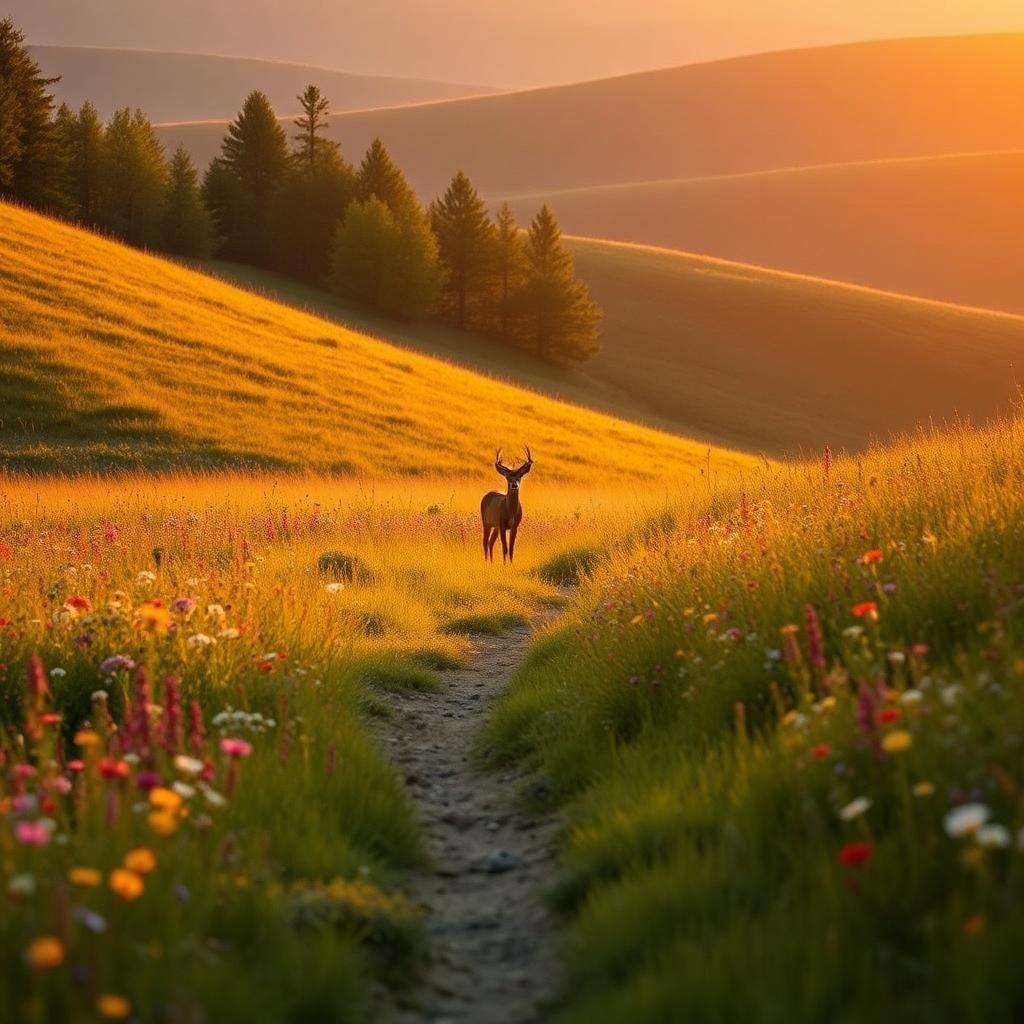 A tranquil meadow bathed in the golden glow of late afternoon light. Wildflowers of every color sway in the gentle breeze, and a narrow dirt path winds through the rolling hills. A lone deer stands at the edge of the trees, its ears twitching as it watches the horizon. The scene is peaceful, a perfect moment frozen in time, capturing the raw beauty of nature’s untouched splendor.