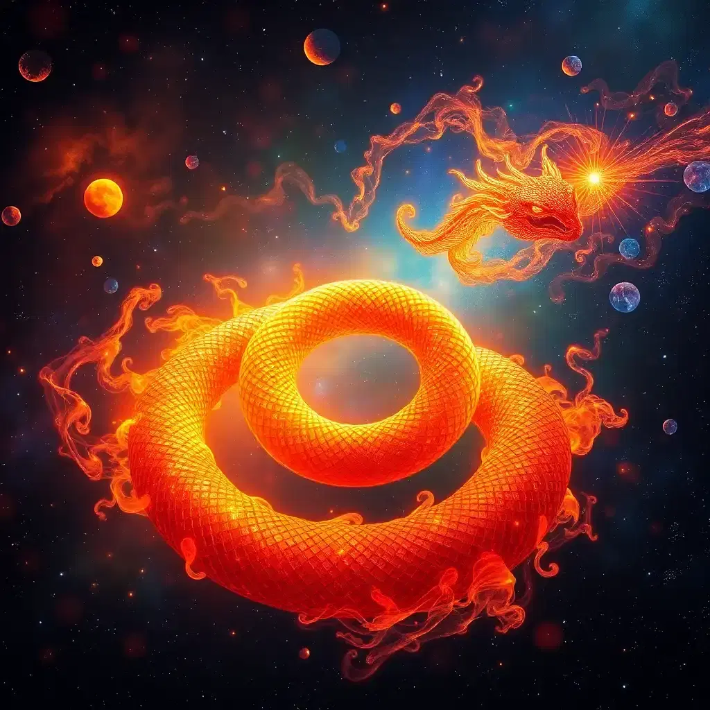 Amidst the kaleidoscopic expanse of a forgotten nebula, a mythical solar serpent coils in on itself in an elaborate dance of fire and elegance. Its scales glimmer with cosmic iridescence, casting kaleidoscope reflections that ripple across the vastness of space. As it spirals through the heavens, it weaves a rich tapestry of conflagrant hues, uniting the sacred warmth of the sun with the ancient mystery of the stars.